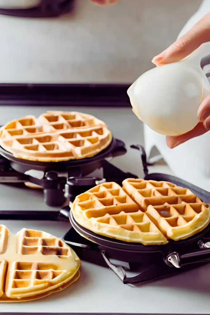 Waffle iron with batter and pancakes on griddle