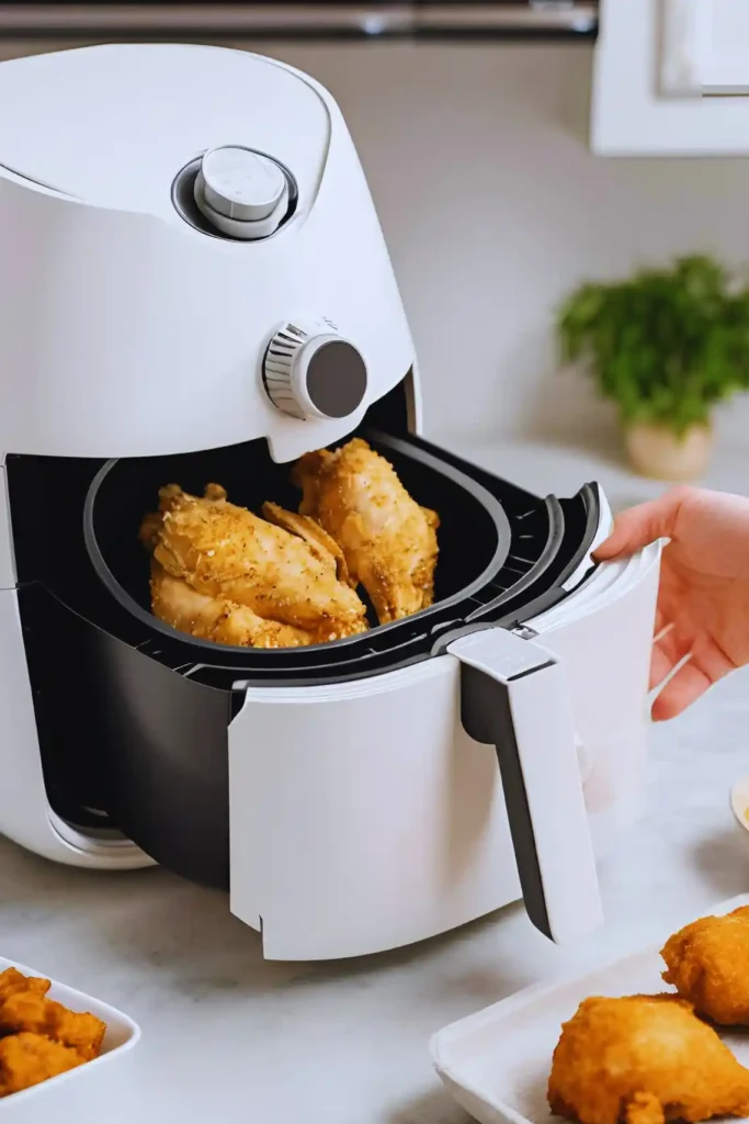 Air fryer cooking floured chicken