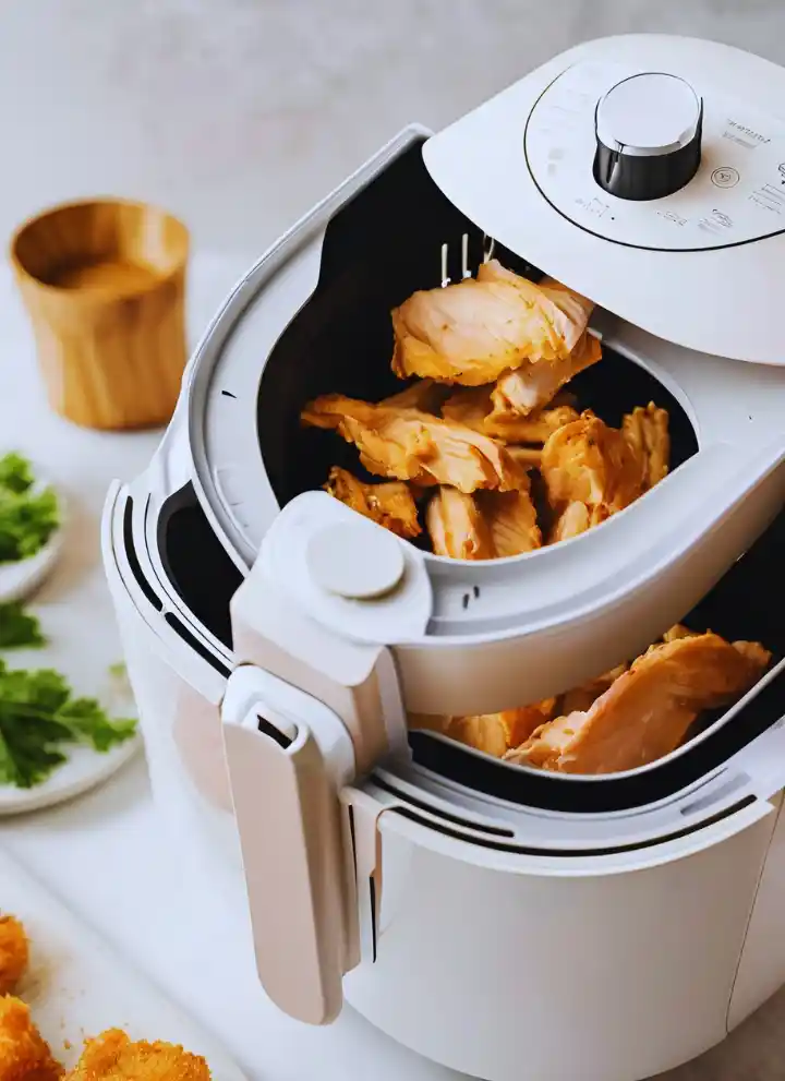 Air frying raw chicken in a fryer