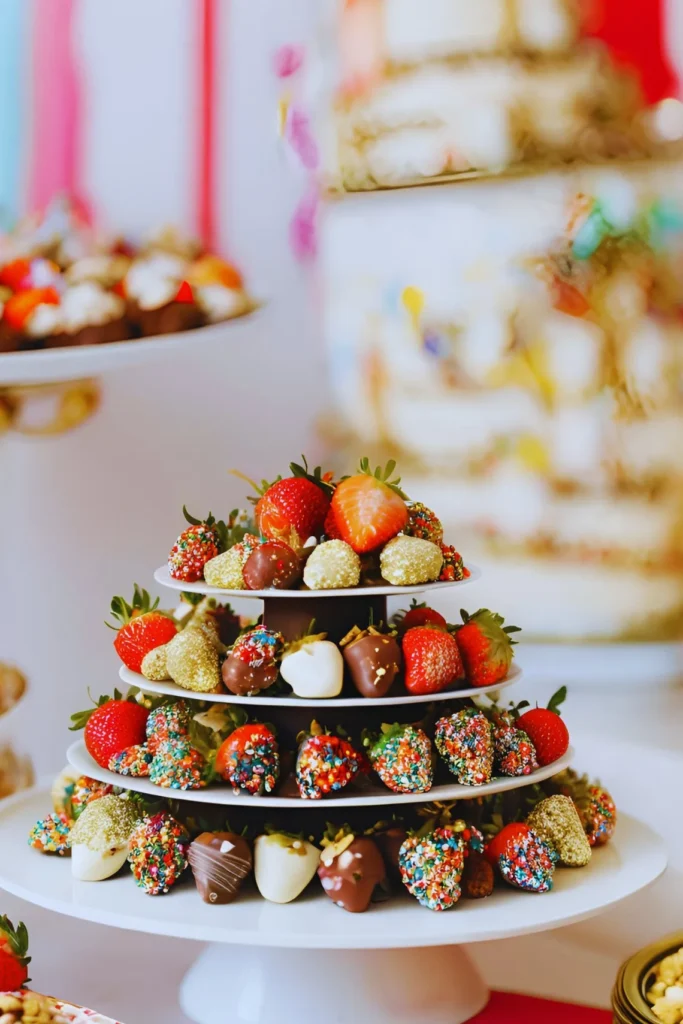 Tiered stand with decorated chocolate berries.