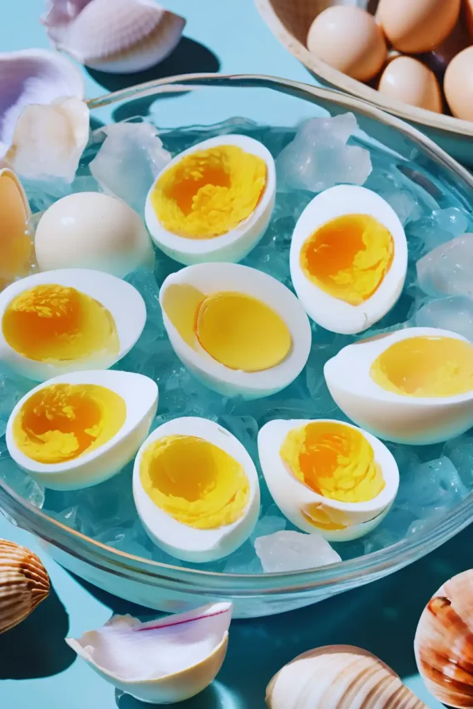 Peeled eggs ice water