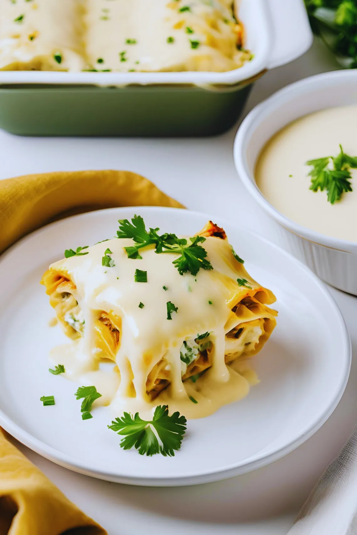 Chicken lasagna rolls with Alfredo sauce