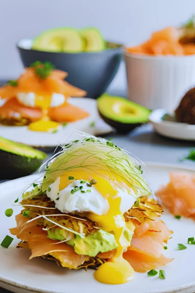 Potato latkes and hash browns with various toppings