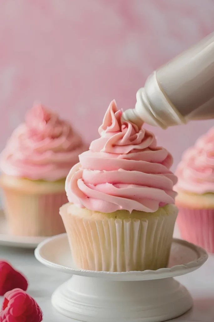 Piping Raspberry Buttercream on Cupcakes