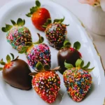 Chocolate-covered strawberries on a platter.