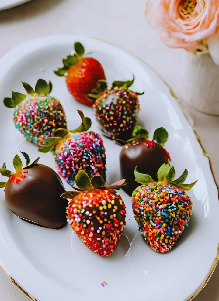 Chocolate-covered strawberries on a platter.