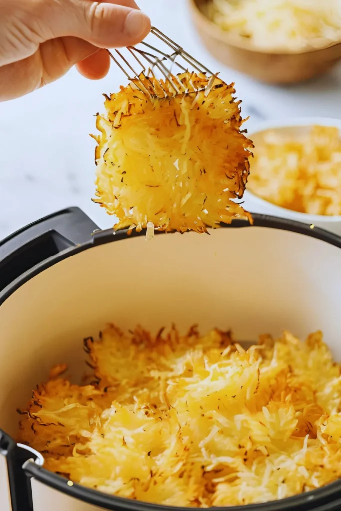 Flipping McCain hash browns in an air fryer