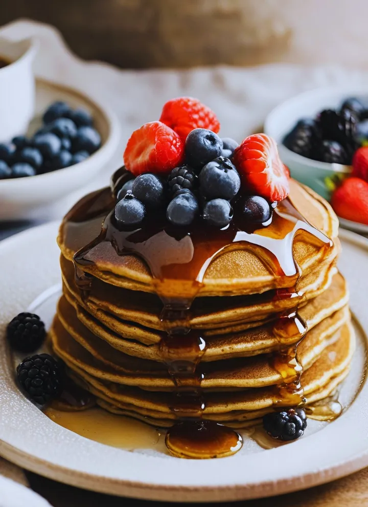 Gingerbread pancakes with syrup and berries