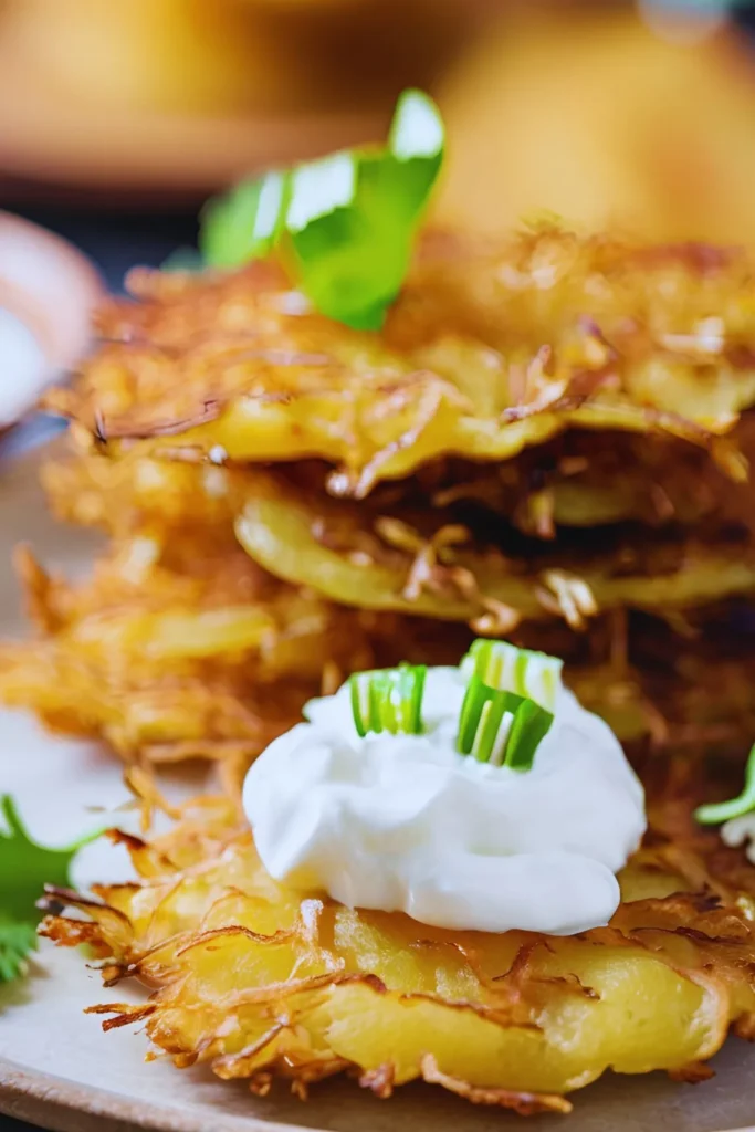 Traditional potato latkes with sour cream