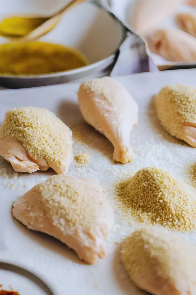 Preparing floured chicken for air fryer