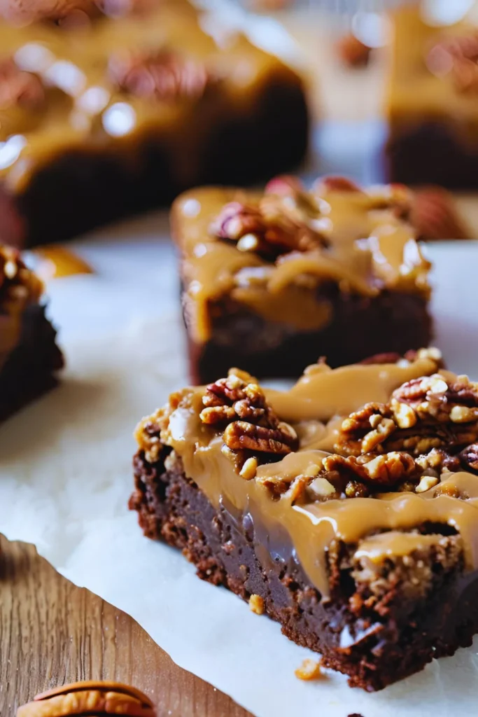 Close-up of turtle brownie layers