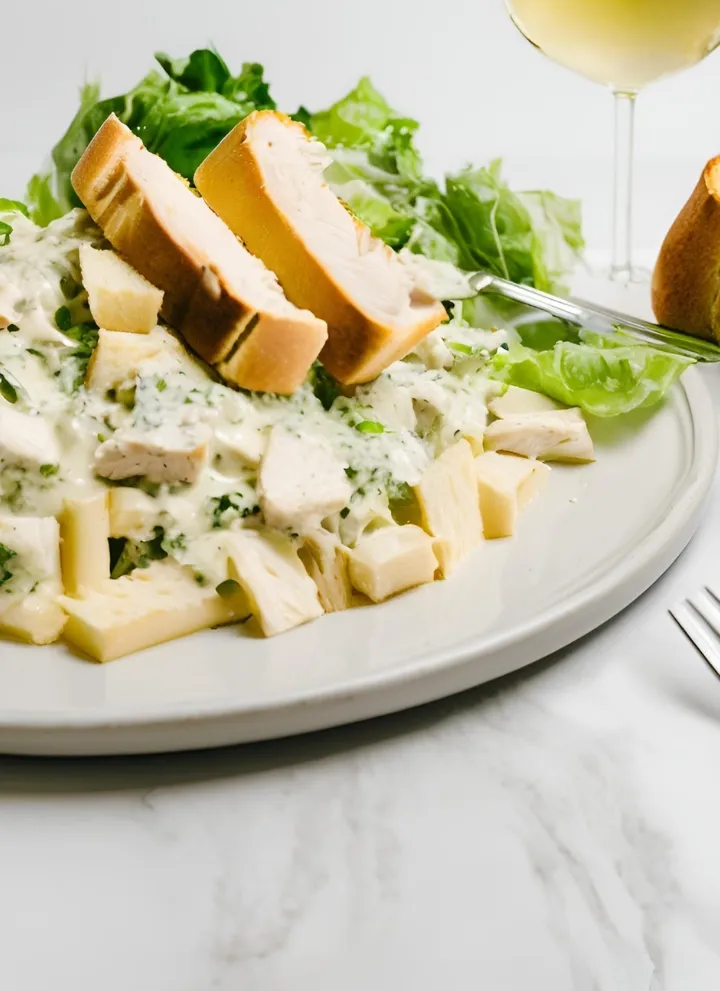 Chicken Alfredo with sides on a table