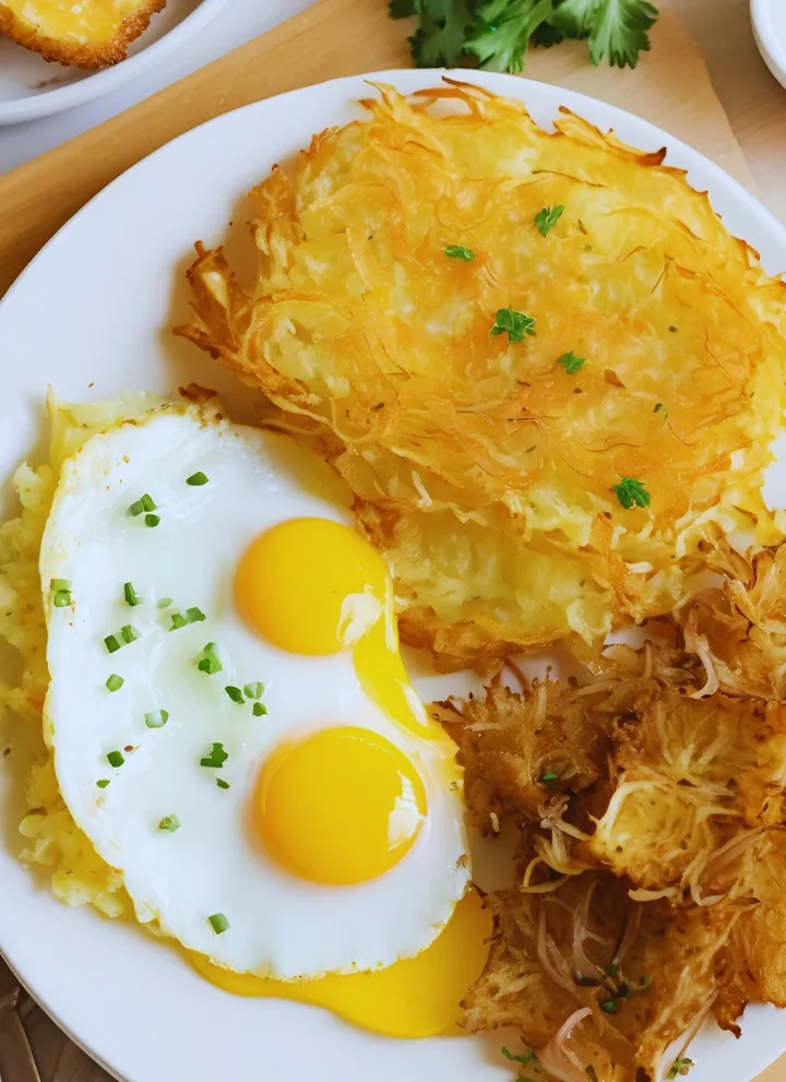 Crispy golden hash browns with a side of eggs