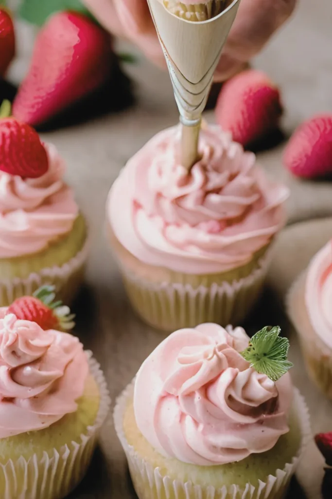 Piping fresh fruit buttercream onto cupcakes