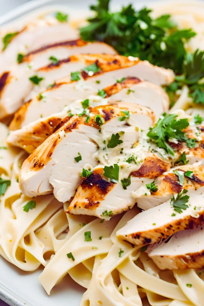 Grilled chicken sliced for Alfredo pasta