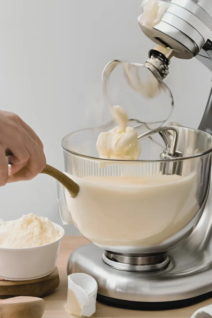 Pouring hot sugar syrup into buttercream