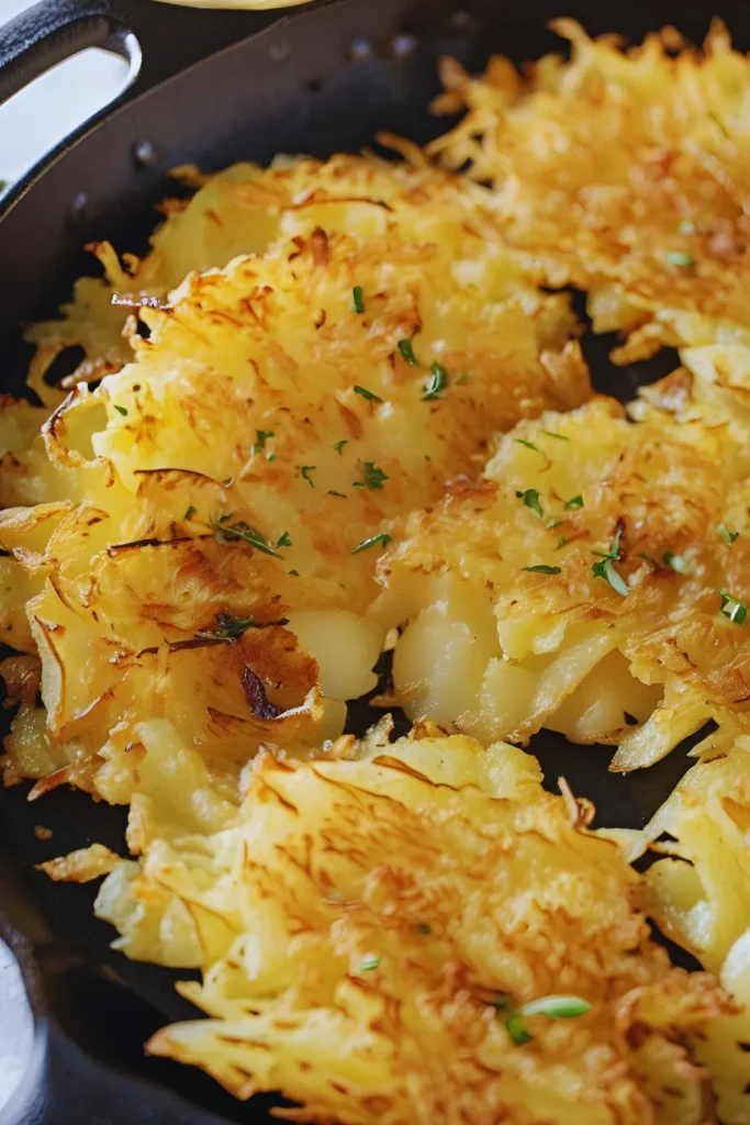 Hash browns frying in a cast-iron skillet