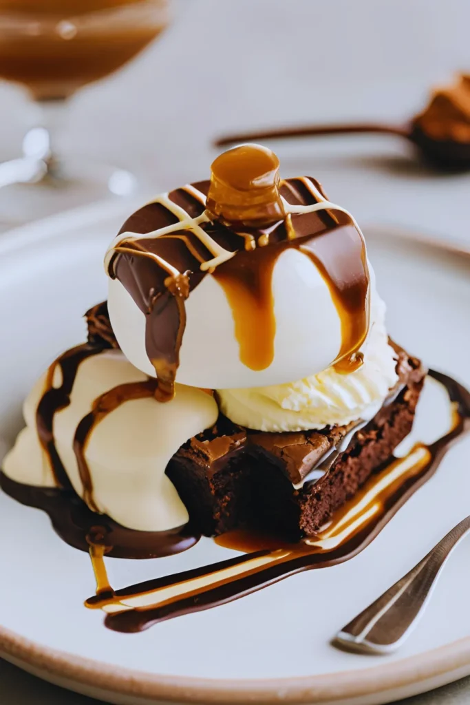 Turtle Brownies with Ice Cream