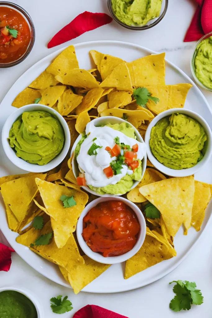 Nachos served with guacamole and salsa