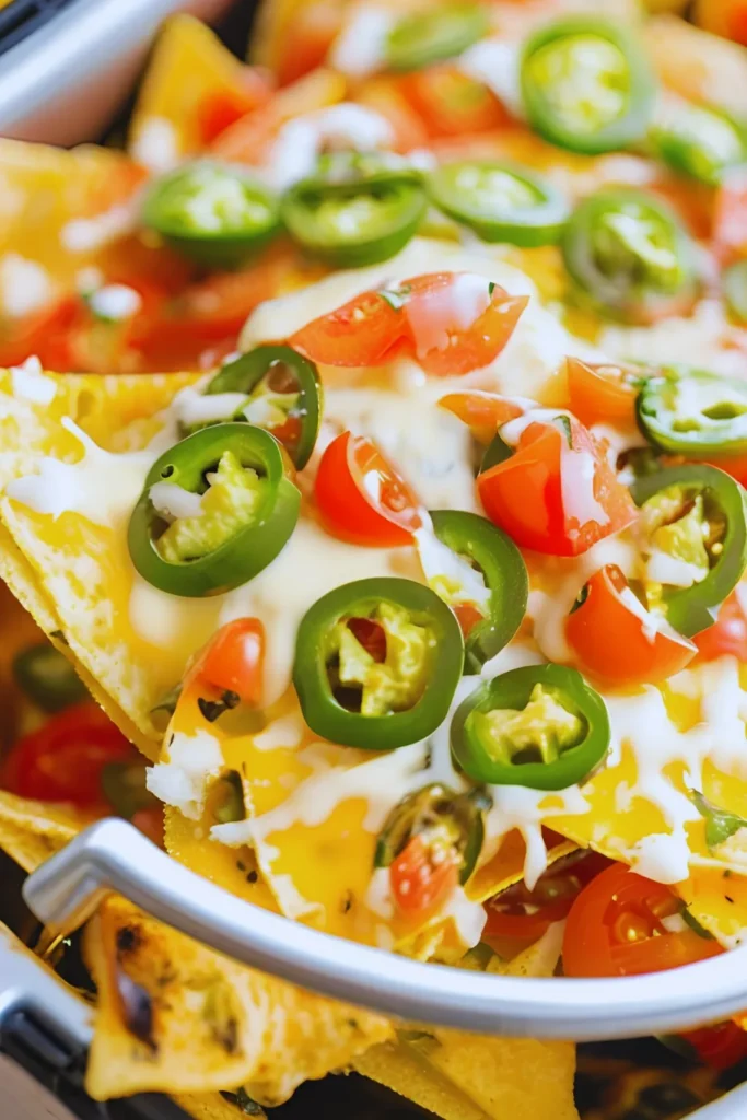 Air fryer nachos with melted cheese and toppings