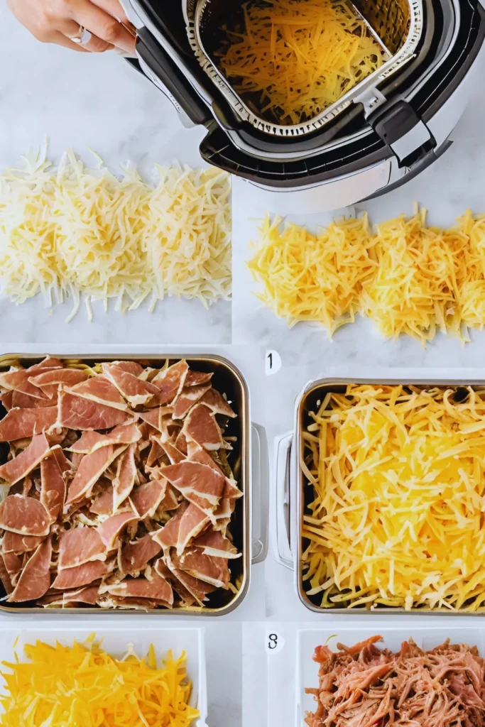 Assembling nachos in an air fryer basket