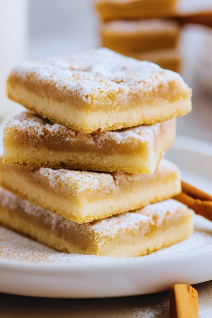 Stack of Snickerdoodle Bars on a plate with a cinnamon stick beside them