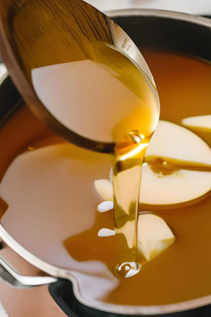 Apple cider being reduced in a saucepan for donuts