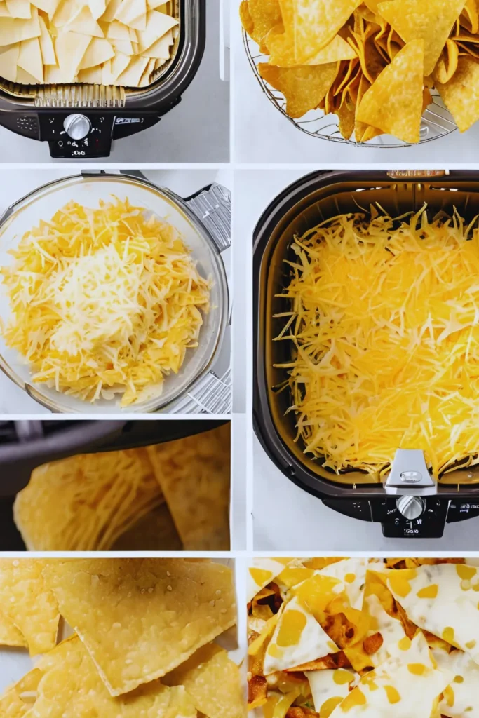 Air fryer nachos step by step - layering chips and cheese