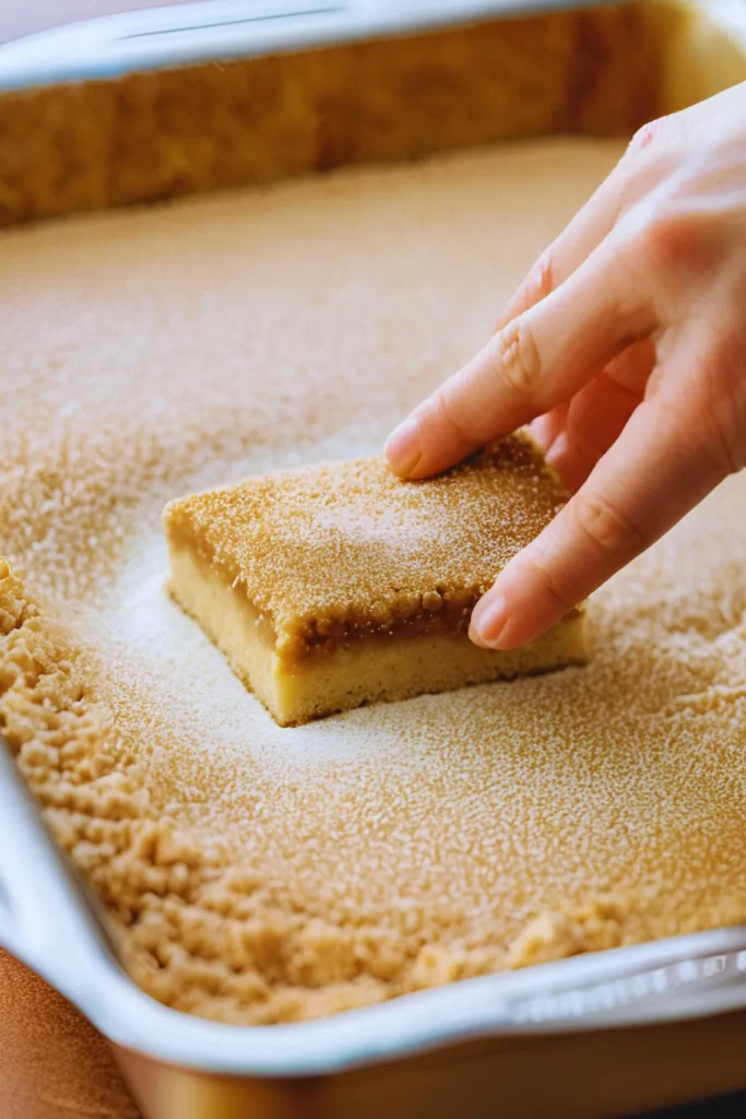 Cinnamon sugar being sprinkled over Snickerdoodle Bars before baking