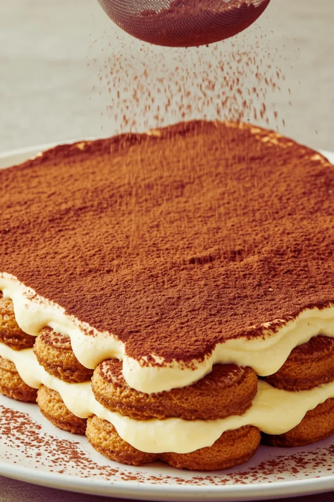 Dusting tiramisu with cocoa powder